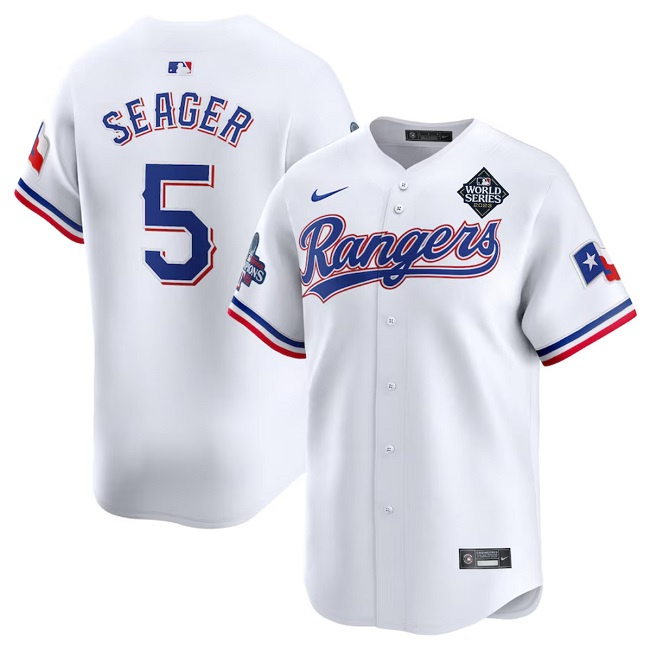 Men's Texas Rangers #5 Corey Seager White 2023 World Series Patch And Champions Patch Stitched Baseball Jersey